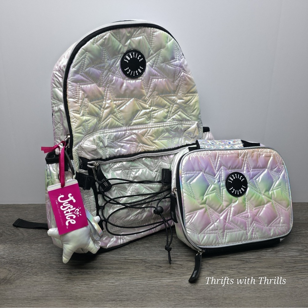 Justice Iridescent White Puffy Star Backpack with Lunch Box and Charm 17in
